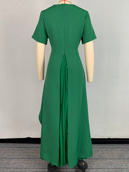 A-Line High Waisted Pleated Solid Color Split-Joint Round-Neck Maxi Dresses