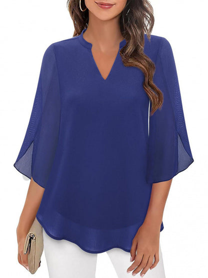 Half Sleeves Loose Solid Color V-Neck Blouses&Shirts Tops