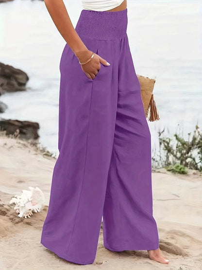 Elasticated Waist High Waisted Pleated Pockets Solid Color Split-Joint Pants