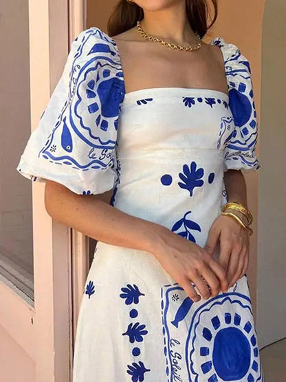 A-Line High Waisted Contrast Color Pleated Printed Ruffled Split-Joint Square-Neck Midi Dresses