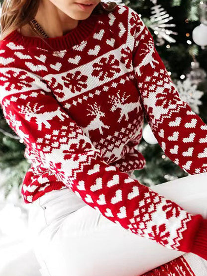 Long Sleeves Contrast Color Knitted Flower Round-Neck Pullovers Sweater Tops