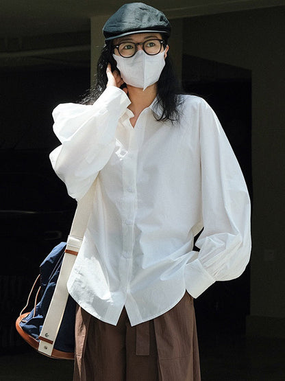 Casual Loose Puff Sleeves Solid Color Lapel Blouses