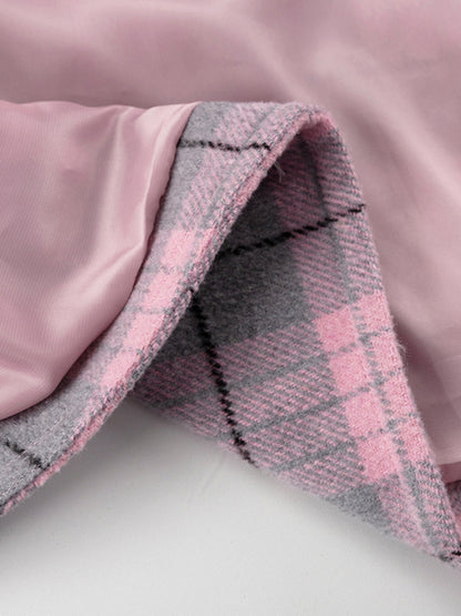 Long Sleeves Loose Plaid Pockets Lapel Woolen Coat