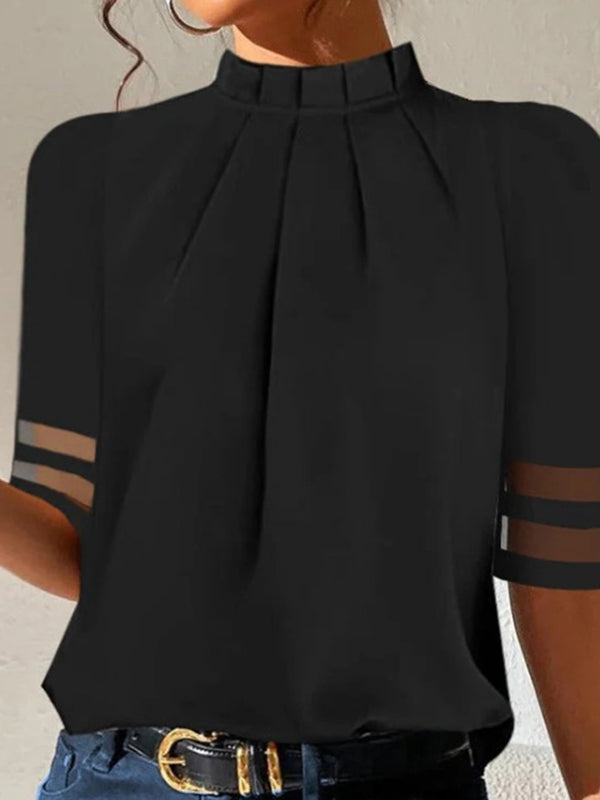 Loose Short Sleeves Pleated See-Through Split-Joint Stand Collar T-shirts