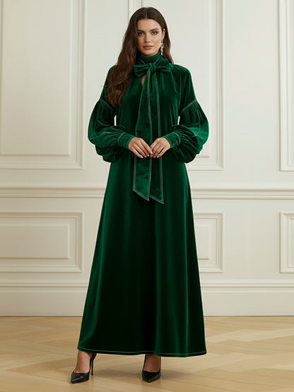 A-Line Long Sleeves Bow-Embellished Pleated Solid Color Split-Joint High Neck Maxi Dresses