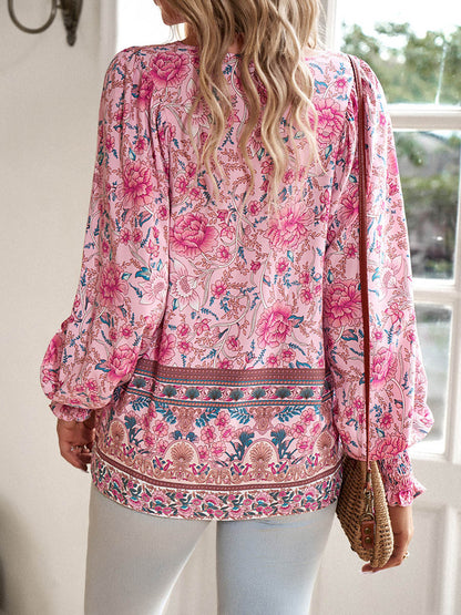 Long Sleeves Loose Contrast Color Drawstring Flower Print Pleated Split-Joint V-Neck Blouses&Shirts Tops