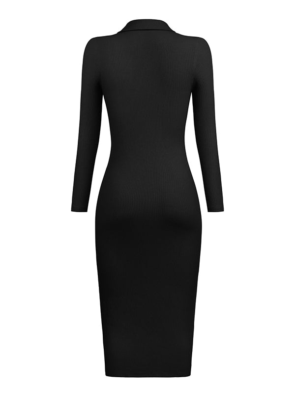 High Waisted Long Sleeves Buttoned Solid Color Lapel Midi Dresses