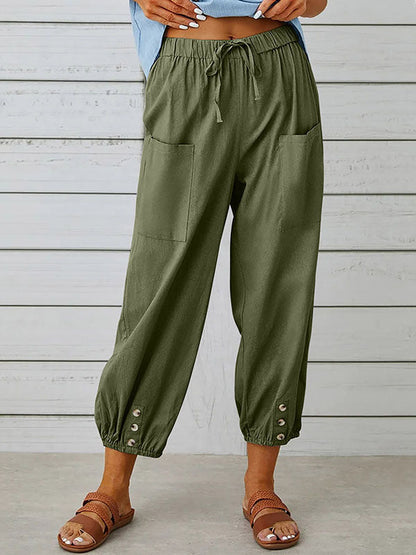High Waisted Loose Buttoned Drawstring Elasticity Pockets Split-Joint Ninth Pants Trousers