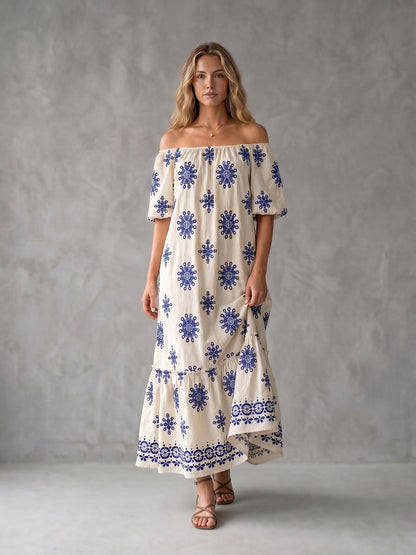 A-Line Half Sleeves Elasticity Pleated Printed Ruffle Trim Split-Joint Off-The-Shoulder Maxi Dresses