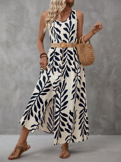 High Waisted Sleeveless Belt Buckle Buttoned Contrast Color Leaves Print V-Neck Maxi Dresses