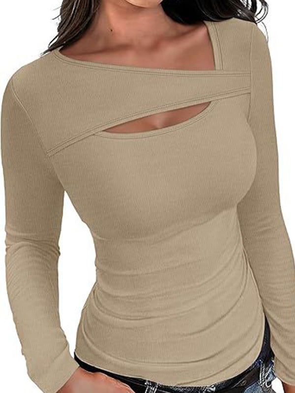 Long Sleeves Skinny Asymmetric Hollow Solid Color Split-Joint V-Neck T-Shirts