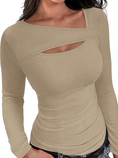 Long Sleeves Skinny Asymmetric Hollow Solid Color Split-Joint V-Neck T-Shirts