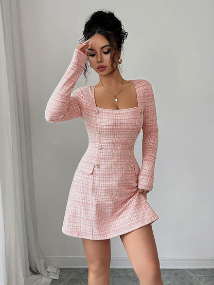 A-Line High Waisted Buttoned Contrast Color Plaid Square-Neck Mini Dresses