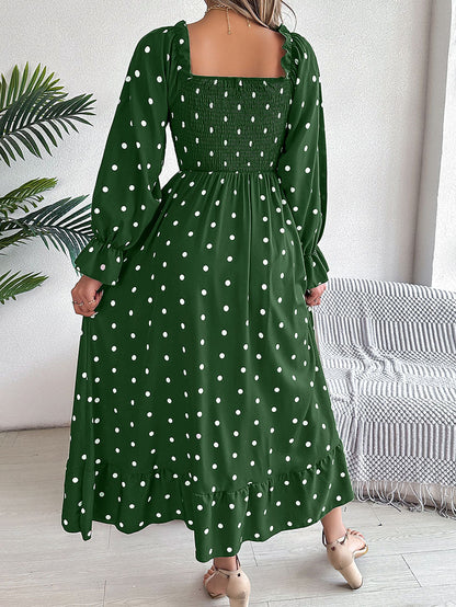 High Waisted Long Sleeves Pleated Polka Dot Ruffled Square-Neck Maxi Dresses Shirt Dress