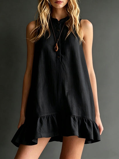 A-Line Loose Buttoned Pleated Solid Color Round-Neck Mini Dresses