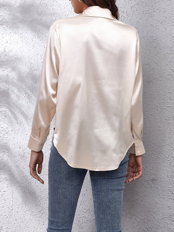 Long Sleeves Loose Solid Color Lapel Blouses