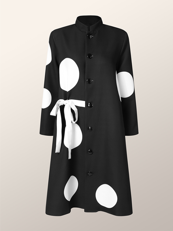 Long Sleeves Loose Asymmetric Buttoned Polka-Dot Tied Mock Neck Midi Dresses