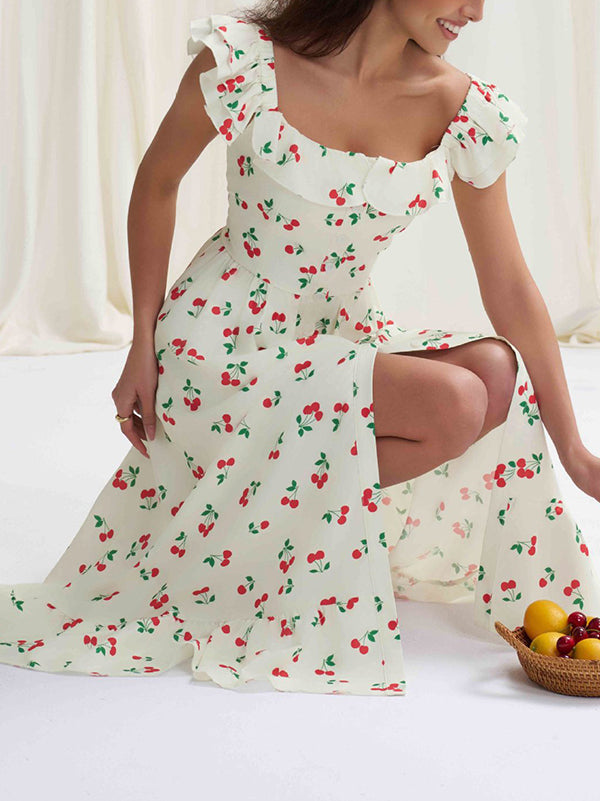 High Waisted Loose Buttoned Elasticity Flower Print Pleated Square-Neck Midi Dresses