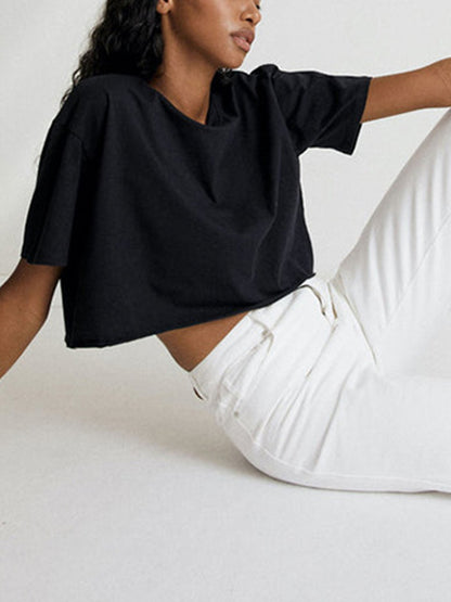 Loose Short Sleeves Solid Color Round-Neck T-Shirts Tops