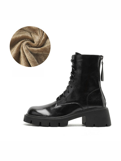 Chunky Shoes Height Increasing Lace-Up Round-Toe Solid Color Velvet Zipper Boots