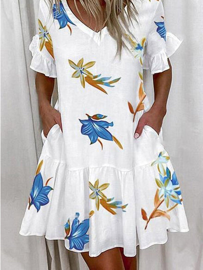 A-Line High Waisted Contrast Color Pleated Pockets Printed Split-Joint V-Neck Midi Dresses