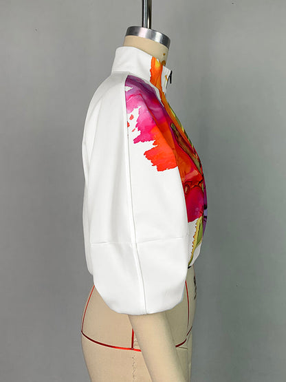 Loose Puff Sleeves Asymmetric Floral Printed Split-Joint High Neck Outerwear