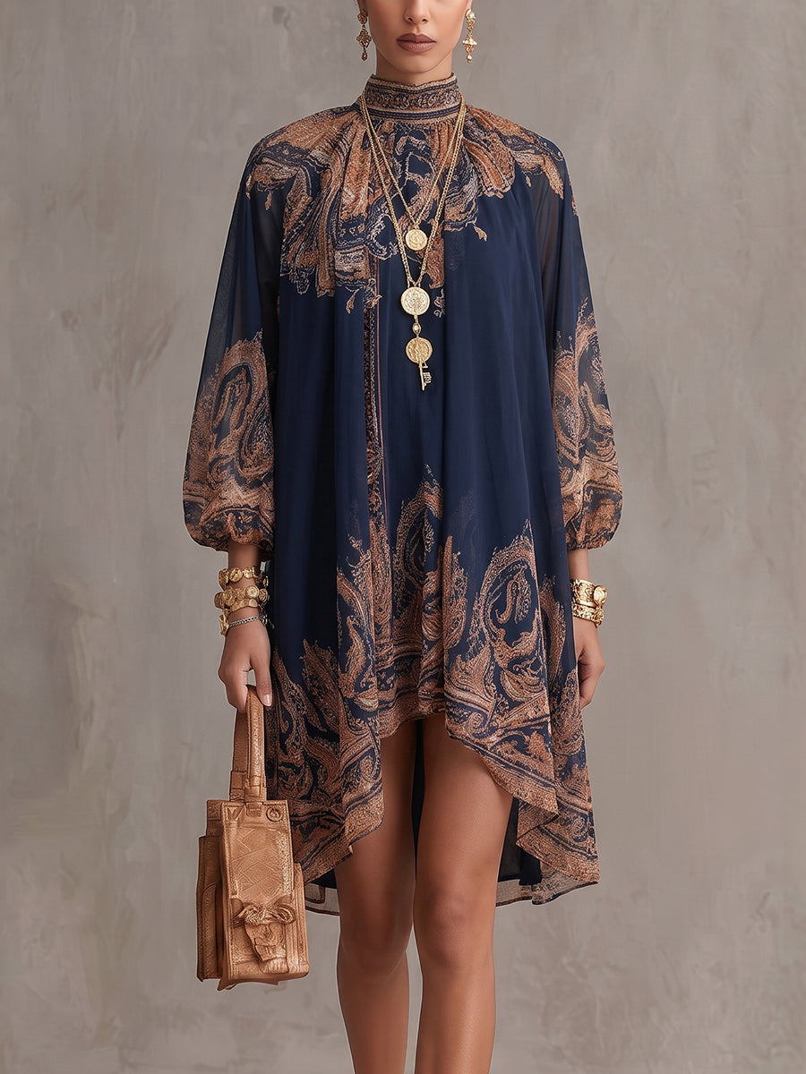 High-Low Long Sleeves Pleated Printed Mock Neck Mini Dresses