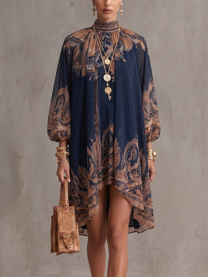 High-Low Long Sleeves Pleated Printed Mock Neck Mini Dresses