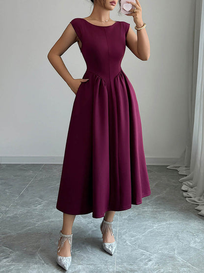A-Line High Waisted Backless Pleated Pockets Solid Color Boat Neck Midi Dresses