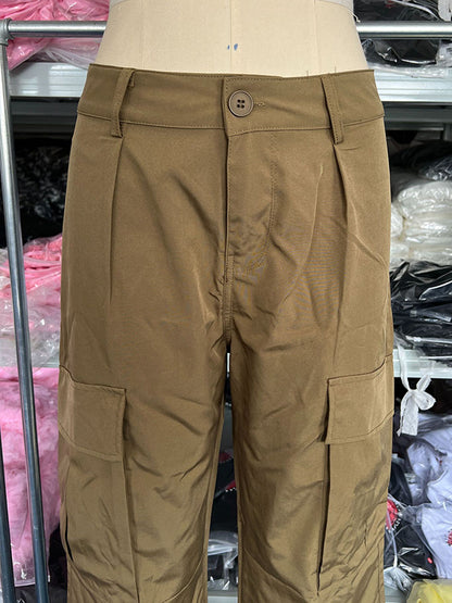 Loose Wide Leg Buttoned Pockets Solid Color Split-Joint Pants Trousers