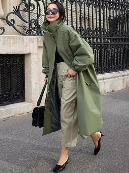Solid Color Loose Elastic Waist Long Outwear