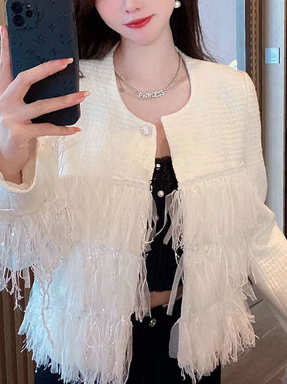Long Sleeves Loose Buttoned Split-Joint Tasseled Round-Neck Outerwear Woolen Coat