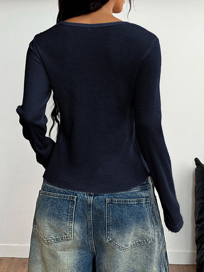 Long Sleeves Skinny Buttoned Solid Color Round-Neck Blouses&Shirts Tops