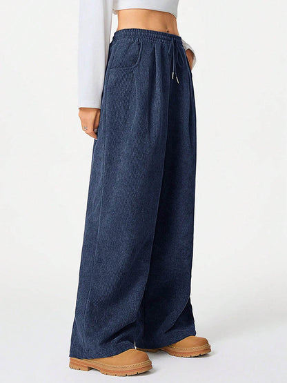 High Waisted Wide Leg Drawstring Elasticity Pockets Solid Color Pants Trousers
