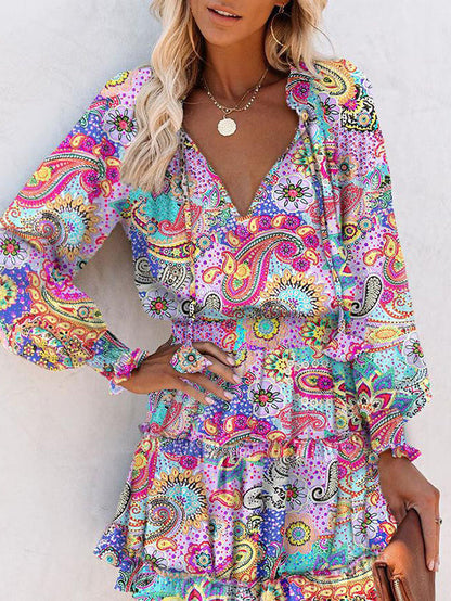 A-Line Long Sleeves Contrast Color Flower Print Pleated Split-Joint Tied V-Neck Mini Dresses