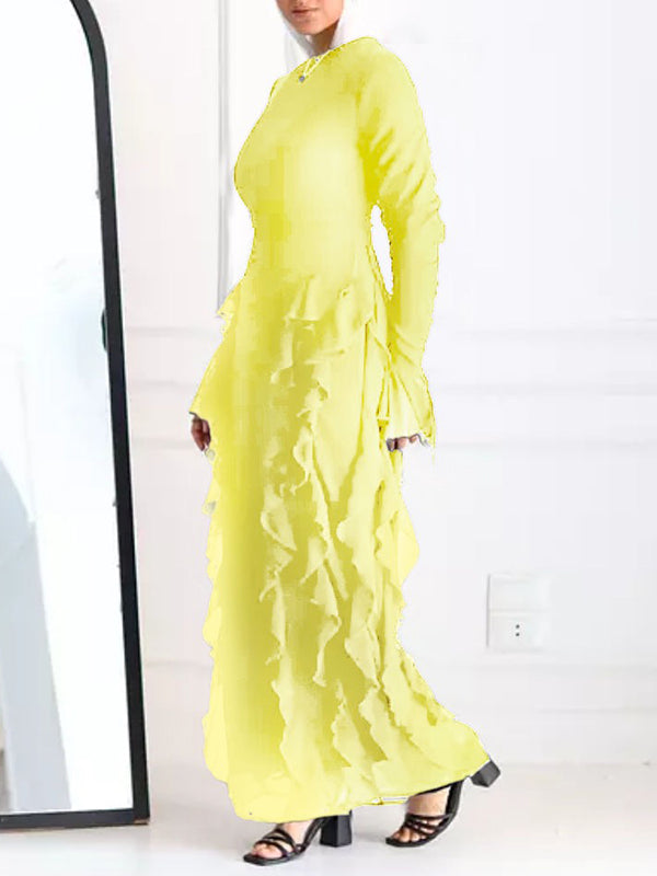 Long Sleeves Loose Falbala Solid Color Round-Neck Maxi Dresses