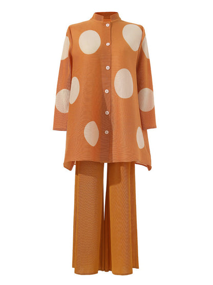 Long Sleeves Loose Pleated Polka Dot Stand Collar Top + Pants Bottomtwo Pieces Set