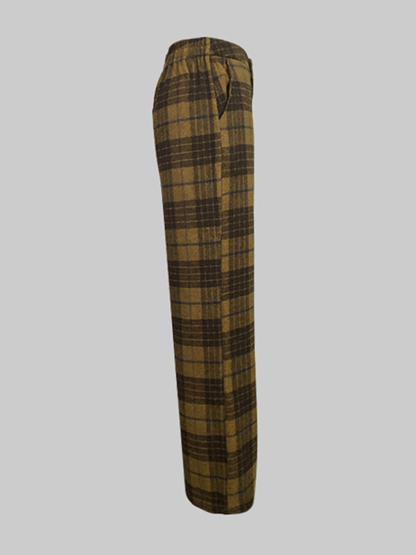 High Waisted Loose Plaid Split-Joint Pants Trousers