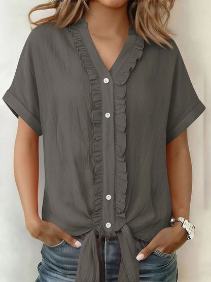 Loose Short Sleeves Buttoned Knot Ruffle Trim Solid Color V-Neck Blouses&Shirts Tops