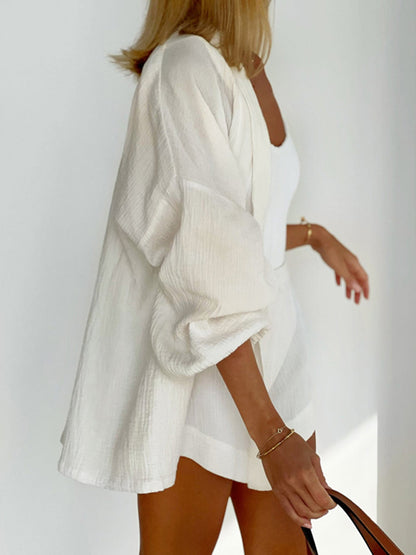 Long Sleeves Elasticity Solid Color Tied Waist V-Neck Blouses Tops + High Waisted Shorts Bottom Two Pieces Set