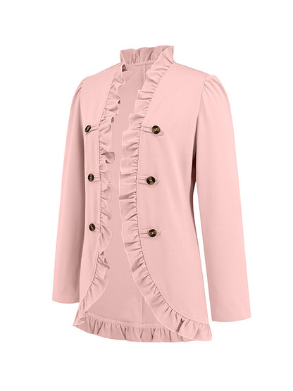 Long Sleeves Loose Buttoned Ruffled Collarless Outerwear