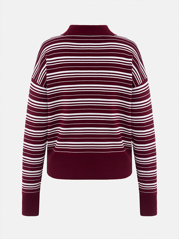 Long Sleeves Split-Joint Striped Lapel Sweater Tops