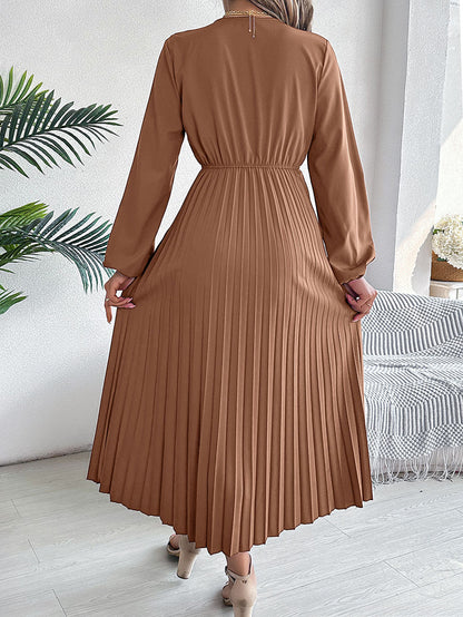 A-Line High Waisted Elasticity Pleated Solid Color V-Neck Maxi Dresses
