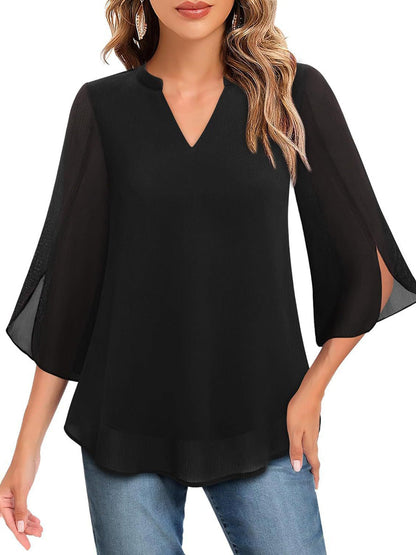 Half Sleeves Loose Solid Color V-Neck Blouses&Shirts Tops