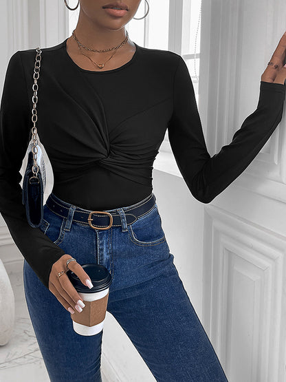 Bodycon Long Sleeves Knot Solid Color Round-Neck Bodysuits
