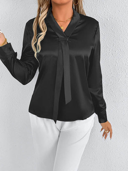 Long Sleeves Loose Solid Color Split-Joint Streamer Scarf Collar Blouses&Shirts Tops