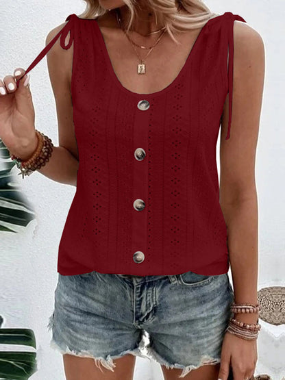 Loose Plus Size Buttoned Hollow Pleated Split-Joint Tied U-neck Vest Top