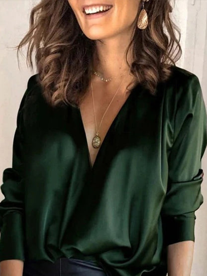 Long Sleeves Plus Size Loose Solid Color V-Neck Blouses&Shirts Tops
