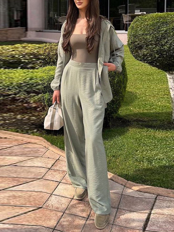 Solid Color Long Sleeves Hooded Split-Side Collarless Shirts Top   High Waisted Pants Bottom Two Pieces Set