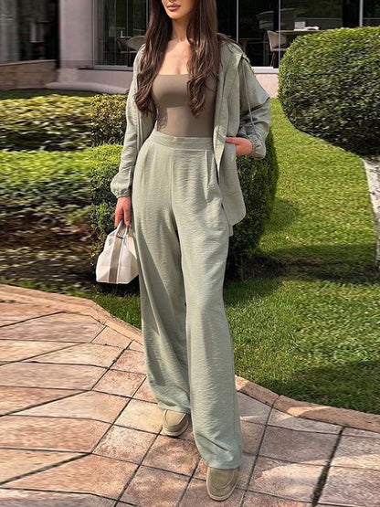 Solid Color Long Sleeves Hooded Split-Side Collarless Shirts Top   High Waisted Pants Bottom Two Pieces Set